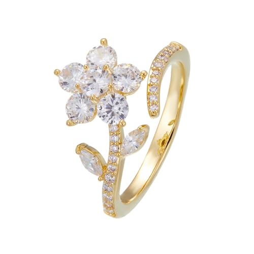 Kokoma Rotating Flower Wrap Finger Ring Spinner Ring for Women Sparkling Crystal CZ Floral Open Statement Ring Fidget Anxiety Ring Eternity Promise Rings Band
