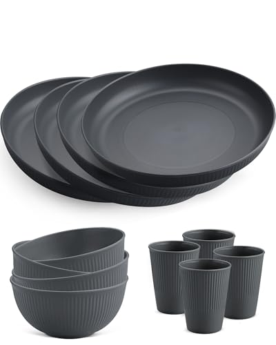 HOMGEN Plastic Plates and Bowls Set 12 PCS Camping Unbreakable Dinnerware Set Reusable Plates Bowls 11oz Cups Microwave & Dishwasher Safe Dinner Plates Lightweight Party Tableware Service for 4