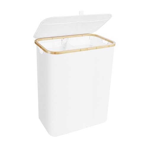 GORISEN Grand panier à linge avec couvercle et poignées en bambou, organiseur de vêtements pliable avec 2 sacs intérieurs amovibles (beige, 145 l)