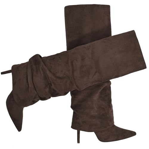 Image of Women's Knee High Boots Fold Over High Heel Pointed Toe Black White Long Boots Women Dress Tall Boots for Women