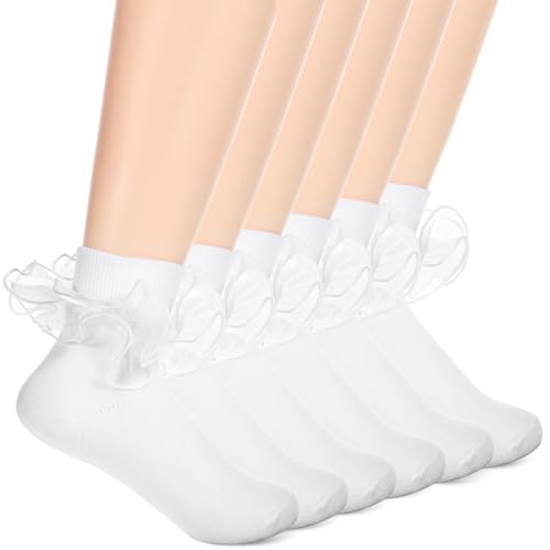 Image of Yolev 3 Pairs Lace Socks for Girls White Ruffle Socks White Crew Cute Frilly Ankle Lettuce Dress Sock Lightweight Cotton Sock