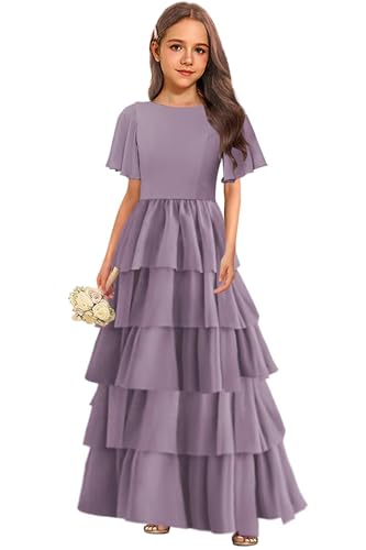 Tiered Chiffon Junior Bridesmaid Dresses for Wedding Short Sleeve A-Line Bow Flower Girl Dress Party Pageant Gowns