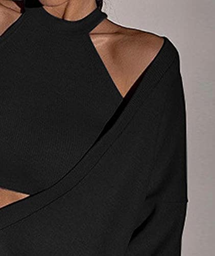 ECDAHICC Women's Two Piece Outfits Knitted Halter Neck Crop Tank Tops and Oversized Off Shoulder Deep V Neck Pullover Sweater4