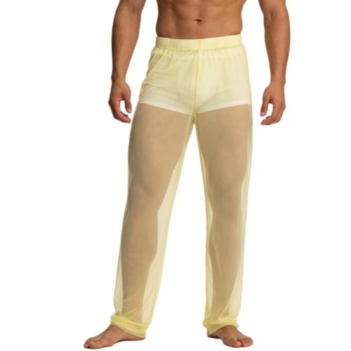 YINYOUYU Mens Mesh Pants See Through Underwear Pajama Bottoms Lounge Home Leggings Sleepwear Cool Dry Yoga Trousers 3XL Yellow