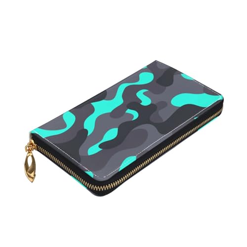 Leather Wallet For Women And Men Camouflage Black Teal Clutch Purse Wristlet Bag Credit Card Holder Wallet3