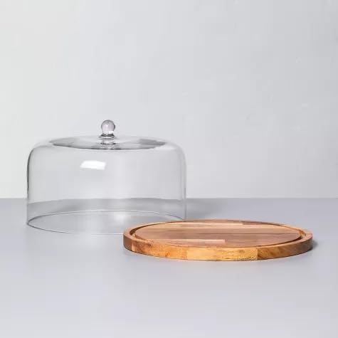 WENGTY Wooden Cake Stand with Acrylic Dome/Cloche, Round Cake Veggie Dessert Bread Serving Pastry Tray Platter Use as Salad Punch Bowl for Home Kitchen Baking, Beautiful Curved Look