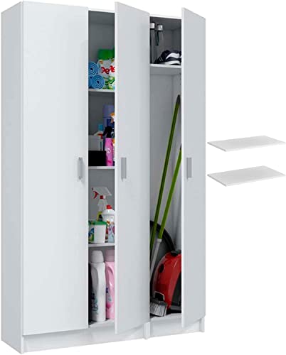 HABITMOBEL Conjunto de Armarios de Oficina auxiliares de 3 Puertas, 6 estantes y escobero Blanco. Medidas totales :Alto 180 cm. Ancho 96cm. Fondo 37cm.
