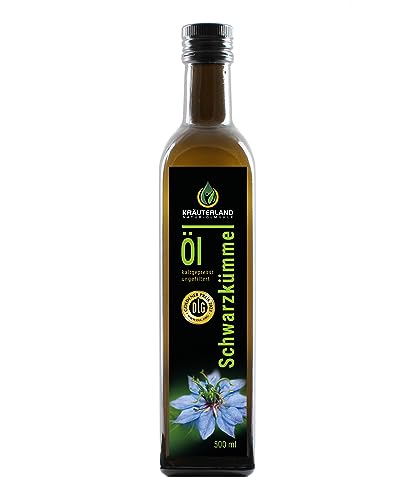 Kräuterland mustakuminaöljy 500ml suodattamaton, kylmäpuristettu suoraan valmistajalta - tuoreena tehtaalta - alkuperäinen Nigella sativa