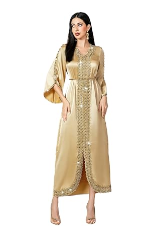 WYFKYMXX Champagne Abaya for Women Flare Sleeve Beaded Kaftan V-Neck Modest Muslim Dress with Belt Ideal for Eid Ramadan Wedding & Formal Occasions (Champagne S)