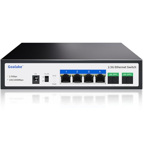 Goalake - Interruptor de Escritorio Multi-Gigabit de 6 Puertos 2,5 G no gestionado, 4 Puertos Base-T 2,5 G, 2 SFP 10 G, Control de Flujo 802.3X, conmutador de Red 2,5 Gbe Ideal para oficinas pequeñas