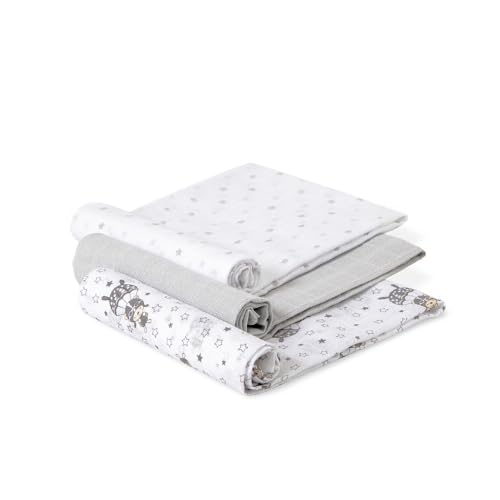 Interbaby Musselinas Bebé Algodão 80x80cm | Pack 3 Gasas para Bebés Recém-Nascidos, Amamentação, Toalha, Manta | Musselinas Bebé Confortável, Macia, Respirável | Design Paraquedista Cinza