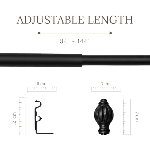 Image of Double 84 inch-144 inch Adjustable Double Curtain Rod For Door & Windows With Brackets Set Curtains Hanging Extendable Iron Metal Pipe Holder With Epitome Wood Finial (Black, 0.75 inch Diameter)