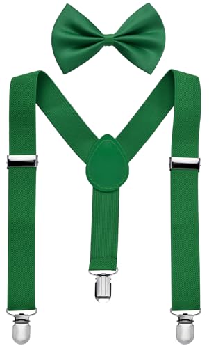 Miobo Tirantes unisex con pajarita para niños: elegantes y prácticos, con tres clips, verde, S