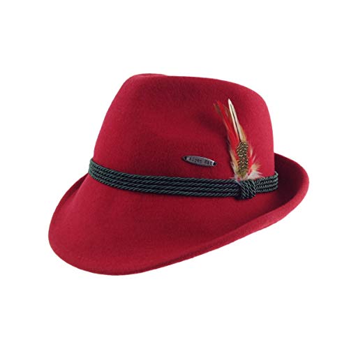 Oktoberfest Haus | Austrian & German Style Alpine Tyrolean Wool Hat with Feather & Rope - German Hats for Oktoberfest for Men and Women | Red