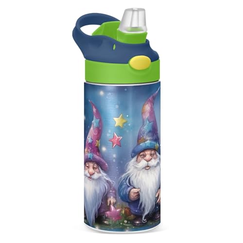 Three Cartoon Gnomes - Botella de agua para niños de 12 onzas con popote, sin BPA, de acero inoxidable, aislado al vacío, a prueba de fugas, con asa, para niños y niñas