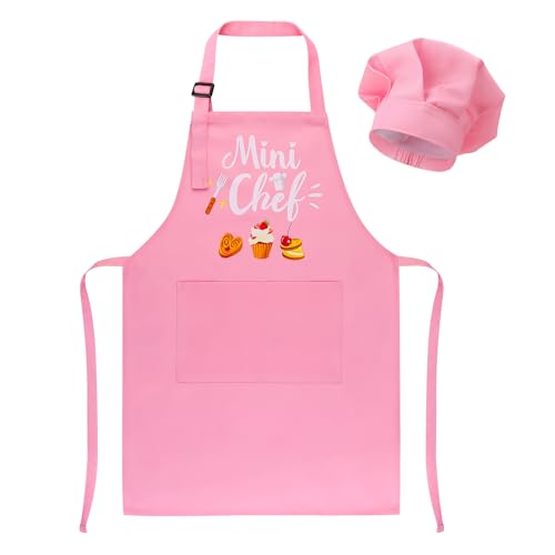 XLSXEXCL Kids Apron and Chef Hat Set, “Mini Chef” Funny Apron Adjustable Kitchen Apron for Boys and Girls for Cooking Baking Painting and Training (Pink)