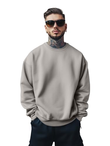 Image of Veirdo Cotton Poly Fleece Oversized Fit Full Sleeves Ribbed Solid Crew Neck Sweatshirt for Men