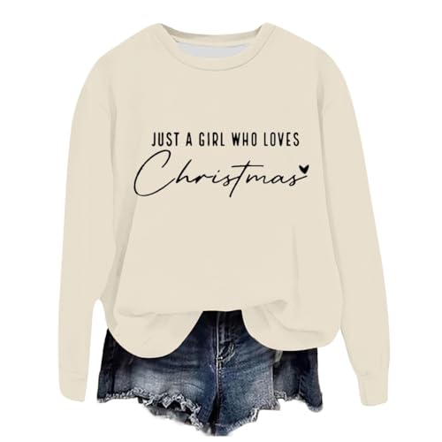 Unbekannt Brief Blingbling Feliz Navidad Cuello Redondo Mujer Jersey Manga Larga Jersey Impreso Jersey Capucha Corta Mujer, Beige-e, S