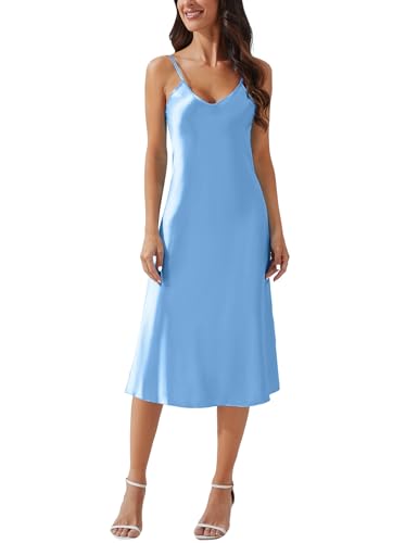 Image of Litherday Silk Nightgown for Women Long Satin Slip Dress Nightdress Silky Chemise Nightie Soft V Neck Nightwear