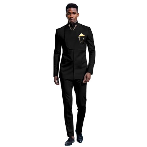 Men's 2 Pieces Suit Elegant Solid Gold Chain Slim Fit Party Blazer Pants Set African Clothes
