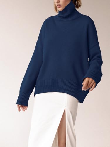 Image of YKR Women's Turtleneck Sweater Chunky Long Sleeve Knitted Pullover High Low Hem Sweater Jumper Top Navy XXL