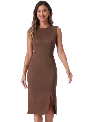 Image of Allegra K Faux Suede Dresses for Women's Sleeveless Crewneck Split Hem Work Office Sheath Dress