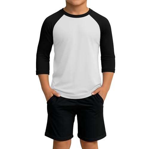 YooAurvox Boys 3/4 Sleeve T Shirts Kids Baseball Raglan Shirts Youth Crew Neck Basic Tees Breathable Jersey 2026 5-14Y(White/Black 7-8 Years)
