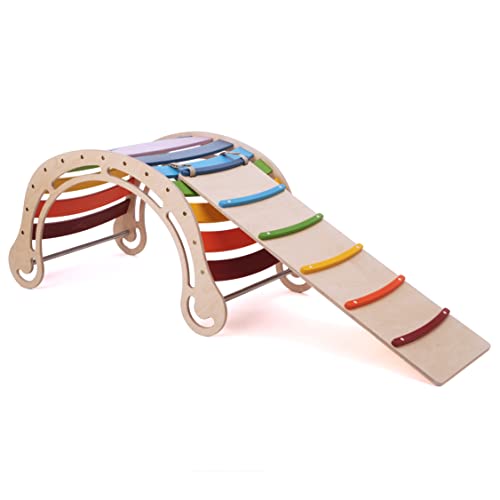 KateHaa XXL-Wippe Waldorf aus Holz mit Kletterwand Regenbogenfarben | Indoor Kletterbogen / Klettergerüst für Kinder | Montessori Spielzeug