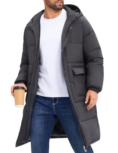 Image of Lonya Men's Jackets Winter Long Quilted Padded Coat with Hood,Dark Grey,XXL