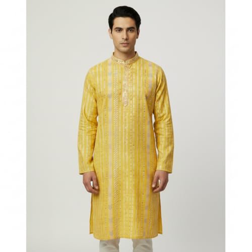 Image of Men's Pure Cotton Kurta Regular with Mandarin Collar | Printed Long Kurta for Festive, Casual