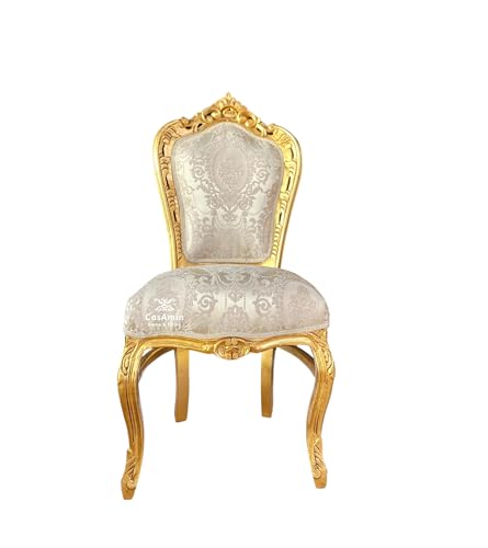 CasAmin Home & Living Chaise de salle à manger en damas beige brillant avec motif floral style Louis XV avec finition dorée
