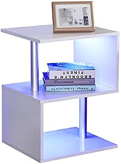 CLIPOP LED Side Table, White High Gloss Living Room Coffee End Table with LED RGB Lights, 2 Tier Storage Shelves Unit for Living Room Bed Room and Office