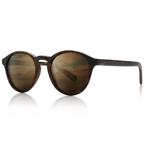 SUNGAIT Gafas de Sol Redondas Clásicas Unisex Gafas de Sol Polarizadas Estilo Retro Vintage Protección UV (Marco Ámbar (Acabado Mate)/Lente Marrón)