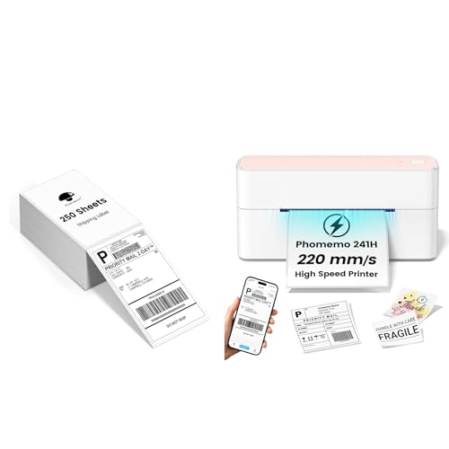 Image of Phomemo 241BT High-Speed Shipping Label Printer - 4X6 Wireless Thermal Label Printer with 4x6 Thermal Shipping Label(Pack of 250 4x6 Fanfold Labels), Compatible with iPhone, Android, Shopify, Amazon