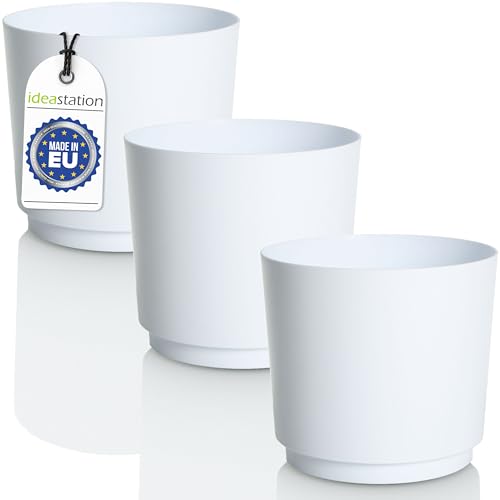 idea-station MATA Blumentopf Set 3 x 17.5 cm - 2.5 Liter - weiß - bruchsichere Blumentöpfe aus Plastik für verschiedenste Pflanzen, Blumen - Matte Übertöpfe für innen und außen