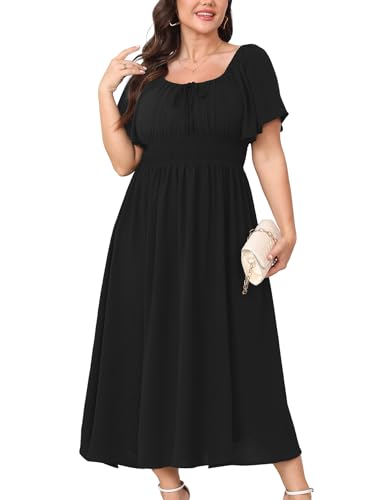 Plus Size Dress Short Sleeve Square Neck Smocked Flowy A Line Boho Wedding Party Maxi Dress