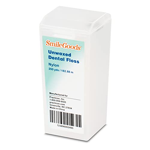 Practicon SmileGoods Unwaxed 200 Yard Dental Floss, Shred Resistant Nylon, Noncoated, Wax Less, Wax Free Floss, 1 Pack