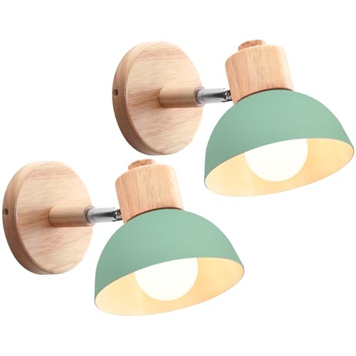 iDEGU 2 Piezas Apliques de Pared Moderno, Lámparas de Pared para Dormitorio Simple E27 Iluminación Interior Luz de Pared en Madera Hierro Ajustable Foco de Pared para Pasillo Salón Cafetería (Verde)