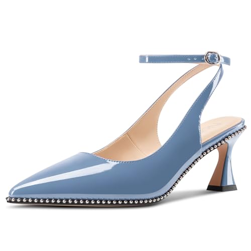 Image of NobleOnly Womens Slingback Heels Beaded Pumps Ankle Strap Pointed Toe Kitten Heels Dress Shoes 2.6 Inches