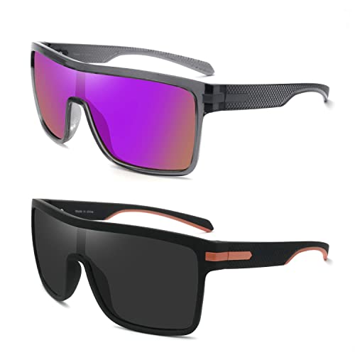 2 Pack Flat Top Polarized Sports Sunglasses Outdoor Cycling Glasses with Polarized Lens, Square sunglasses