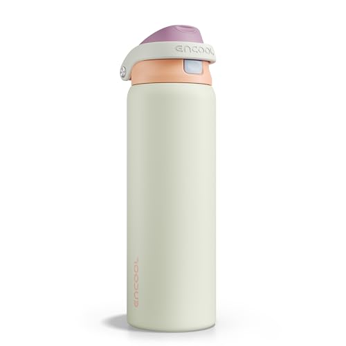 Image of ENCOOL Leakproof Insulated Water Bottle with Straw Dual-Sip Water Bottle Bag-Safe Design for Work, Commute & Gym - Keeps Drinks Cold All Day, 32 oz, Sand Beige