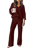 RUMIA Two Piece Sets for Women Loose Fit Fall Outfits Comfy Sweater Lounge Sets Going Out Travel Outfits Burgundy XL