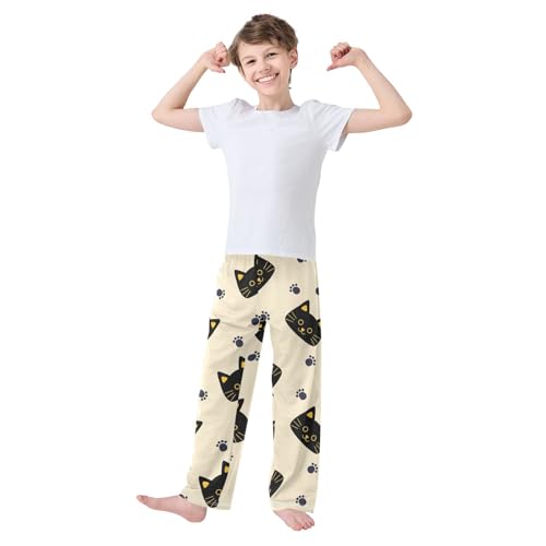 Cat Paw on Beige Boys Pants Boys Athletic Pants Long Pant for Boywith Pockets Wide-Leg Size 6-14Y3