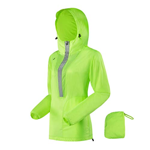 Shelcup Women's Hooded Windproof Reflective Jacket Packable Outdoor Pullover, Fluorescent Green XL