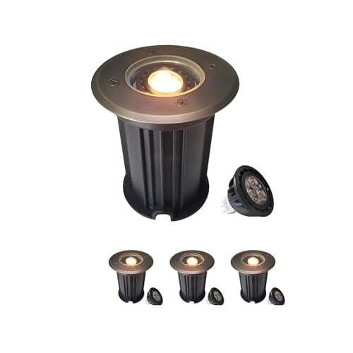 MALORY Brass Top Cover Landscape Well Lights, 12V Low Voltage Outdoor In Ground Lights,Landscape Lighting for Pathway, Driveway and Garden (Open Top, 4-Pack with Bulb) 4-pack with Bulb Open