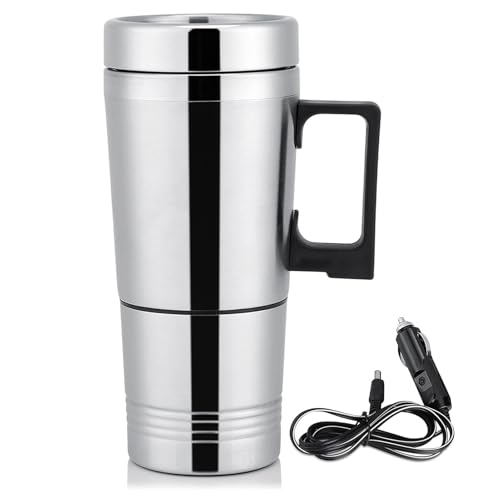 Car Electric Kettle, 300ml Portable Electric Tea Kettle 24V Stainless Steel Electric In-car Travel Heating Cup Car Water Heater Travel Heating Cup with Lid for Most Car Cup Holders, 6.5X19.5cm