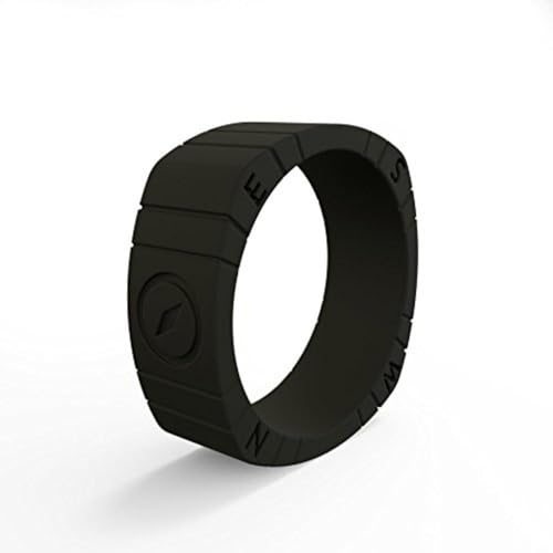 QALO Men's Classic Rubber Silicone Ring, Rubber Wedding Band, Breathable, Square Edged Compass Ring for Men, Black Compass Size 10