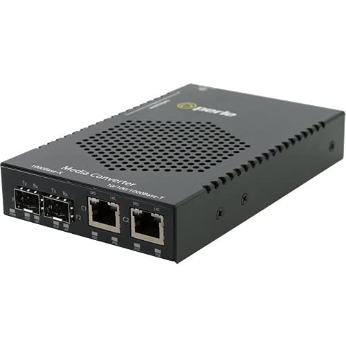 Image of Perle S-1110DHP-DSFP Transceiver /Media Converter - 2 x Network (RJ-45) - Gigabit Ethernet - 1000Base-X, 10 /100 /1000Base-T - 2 x Expansion Slots - SFP (Mini-GBIC) - 2 x SFP Slots - Rack-mountable, Rai