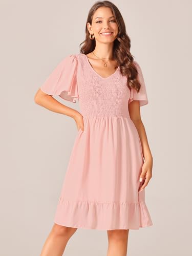 Image of Seta T Women's Summer Chiffon Dresses Smocked V Neck Flutter Short Sleeve Flowy Casual Dress with Pockets