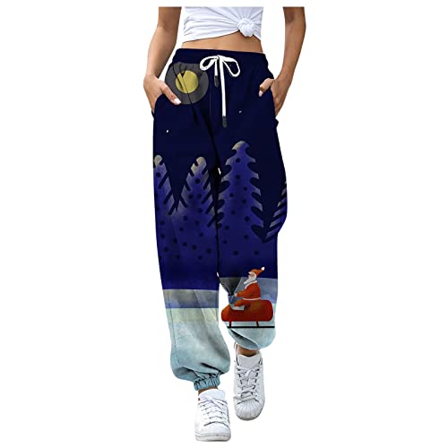 Pantalones de chándal de Navidad clásicos genéricos para mujer con cordón elástico de cintura alta atractivo estampado pantalones de salón Super suaves Pantalones Yoga de cintura alta, azul, XL
